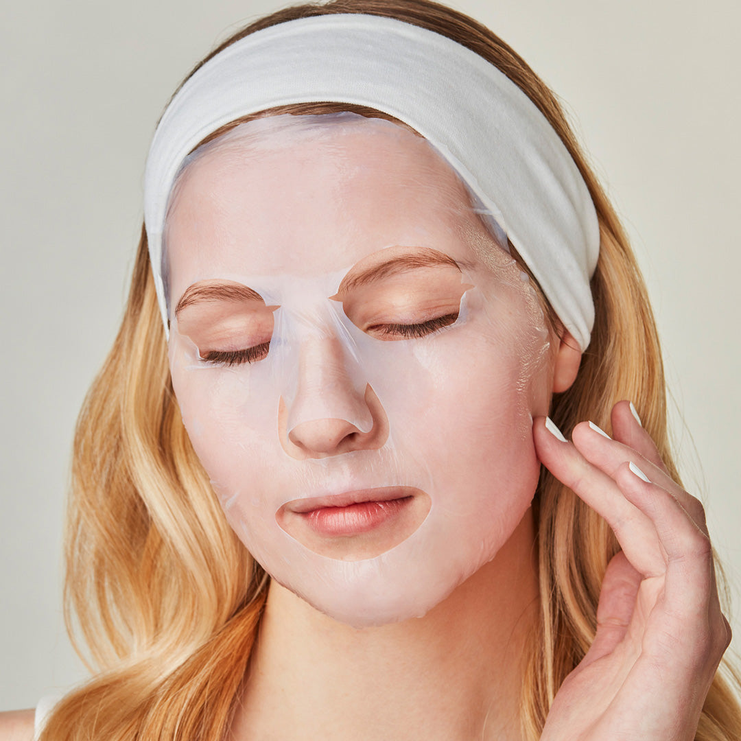 hover-image?Woman wearing recovery Anti-Aging Collagen Infused Sheet Mask