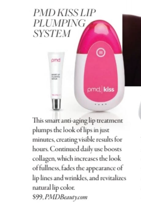 PMD Kiss Lip Plumping System article excerpt featuring the PMD Kiss System and Lip Serum