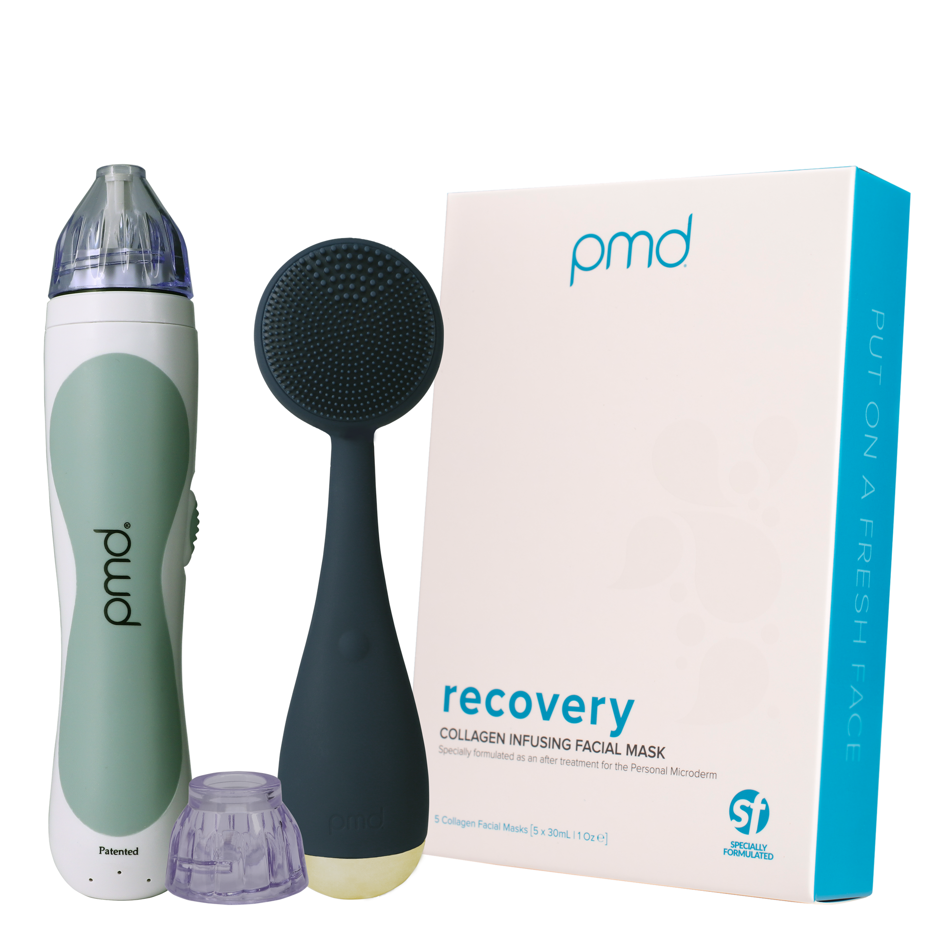 fresh_face_classic_bundle_grey/navy?Personal Microderm Classic in Grey, PMD Clean in Navy, Box of Recovery Masks