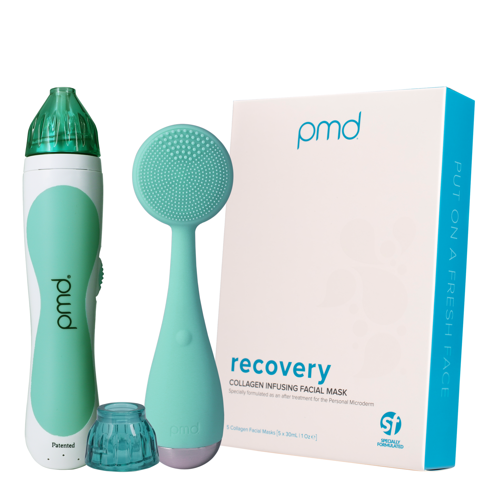 fresh_face_classic_bundle_teal?Personal Microderm Classic in Teal, PMD Clean in Teal, Box of Recovery Masks