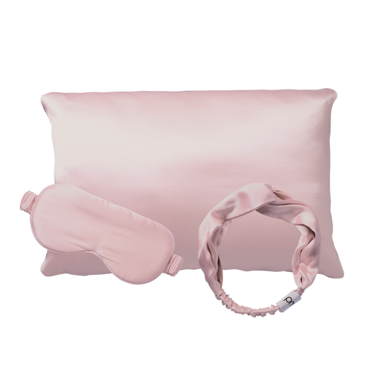 BNDL_SleepInSilk?Silversilk pillowcase, headband, & sleep mask in rose